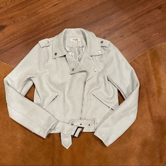 NWOT Powder Blue Suede Belted Moto Jacket - Picture 1 of 8